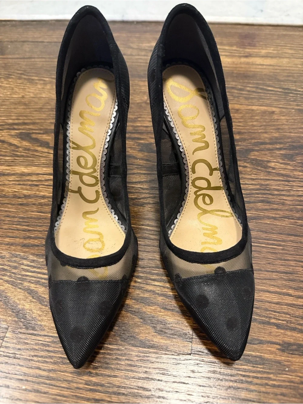 Sam Edelman Black Mesh Polka Dot Pointed Toe Pumps